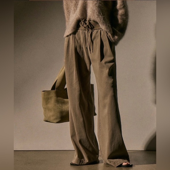 James Perse ribbed waist wide leg pleated pant fawn khaki tan 1 small - Picture 3 of 5